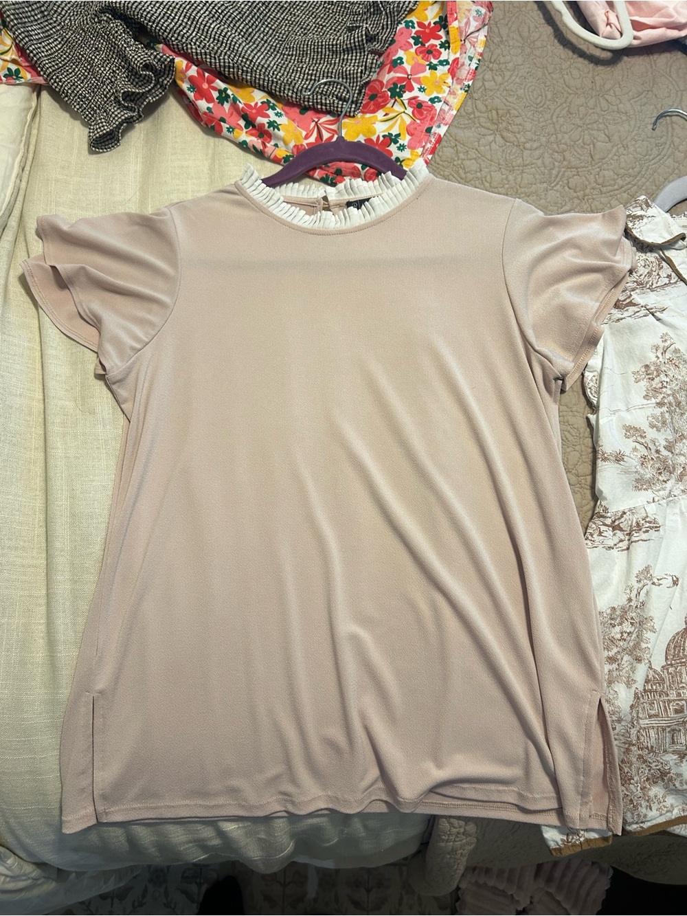 Adrianna Papell Dusty Blush Ruffled Collar Short Sleeve Top